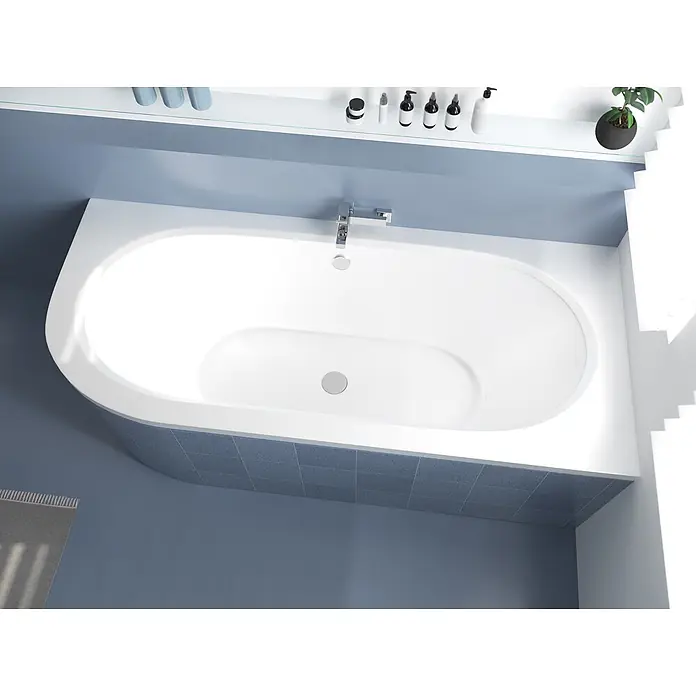 Bad Land Eckbadewanne AVITA Acryl-Eckwanne 150 x 75 cm rechts Weiß - Sanitäracryl, Weiß - Weiße, moderne Badewanne mit Armatur in einem blau gehaltenen Badezimmer.