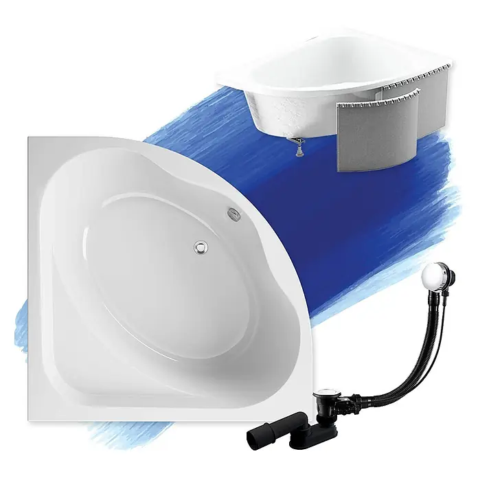 Bad Land Eckbadewanne - L x B: 150 x 150 cm, Sanitäracryl, Weiß - Weiße Eckbadewanne (oben/unten) mit flexiblem Chrom-Ab- und Überlaufset.
