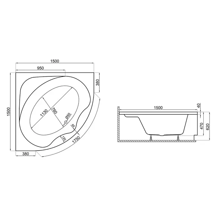 Bad Land Eckbadewanne STANDARD Acryl-Eckwanne 150 x 150 cm Weiß, inkl. Acrylschürze - Sanitäracryl, Weiß - Technische Zeichnung einer Eckbadewanne mit Maßen, Draufsicht und Seitenansicht.