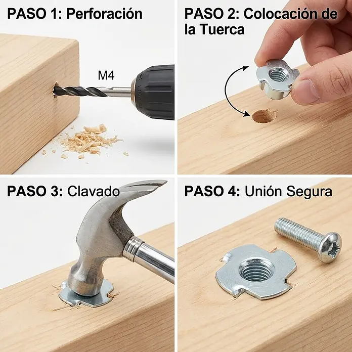 M.Pascual Tuerca de encastre - M 10, Satinado, 4 ud. - Instalación de una tuerca de embutir metálica en madera mediante perforación, colocación y martilleo, creando una unión roscada segura para un tornillo.
