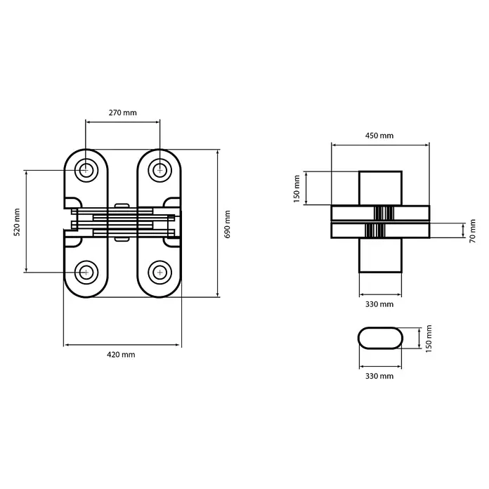 M.Pascual Bisagra para embutir - L x An: 70 x 43 mm, Niquelado - Dibujo técnico detallado de una bisagra grande y resistente con varias dimensiones indicadas.