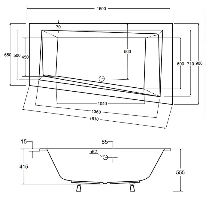 Bad Land Eckbadewanne INTIMA SLIM Acryl-Eckwanne 160 x 90 cm links Weiß - L x B: 160 x 90 cm, Sanitäracryl, Weiß - Technische Zeichnung einer Badewanne mit Maßen.
