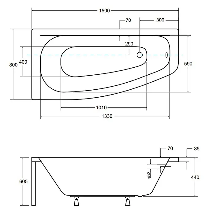 Bad Land Eckbadewanne LUNA Acryl-Eckwanne 150 x 80 cm links Weiß - Sanitäracryl, Weiß - Technische Zeichnung einer asymmetrischen Badewanne, mit Draufsicht und Seitenansicht, inklusive wichtiger Maße.