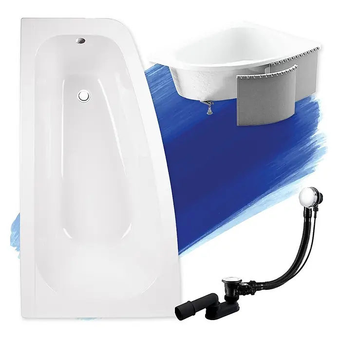 Bad Land Eckbadewanne - L x B: 150 x 80 cm, Sanitäracryl, Weiß - Weiß asymmetrische Badewanne, weiße Eckbadewanne und schwarzes Badablaufset zusammen abgebildet.