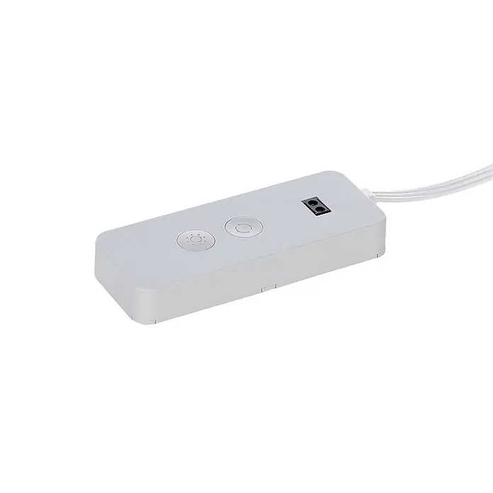 Prios LED-Unterbauleuchte Esbena - L x B x H: 40 x 2 x 1,2 cm - Hellgraues elektronisches Steuergerät mit zwei runden Tasten und schwarzem Kabelanschluss.