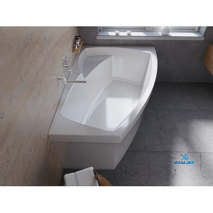 Bad Land Eckbadewanne FRIDA Acryl-Eckwanne 160 x 105 cm rechts Weiß - L x B: 160 x 105 cm, Sanitäracryl, Weiß - Weiße, moderne Eckbadewanne mit glatter Oberfläche, in einem Badezimmer installiert.