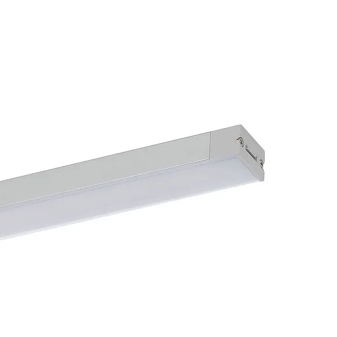 Prios LED-Unterbauleuchte Esbena - L x B x H: 40 x 2 x 1,2 cm - Silberne lineare LED-Leuchte mit mattierter weißer Abdeckung, Befestigungsschrauben am Endstück sichtbar.