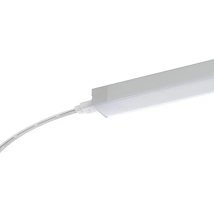 Prios LED-Unterbauleuchte Esbena - L x B x H: 40 x 2 x 1,2 cm - Weiße lineare LED-Leuchte mit angeschlossenem Stromkabel, die ihr schlankes Design zeigt.