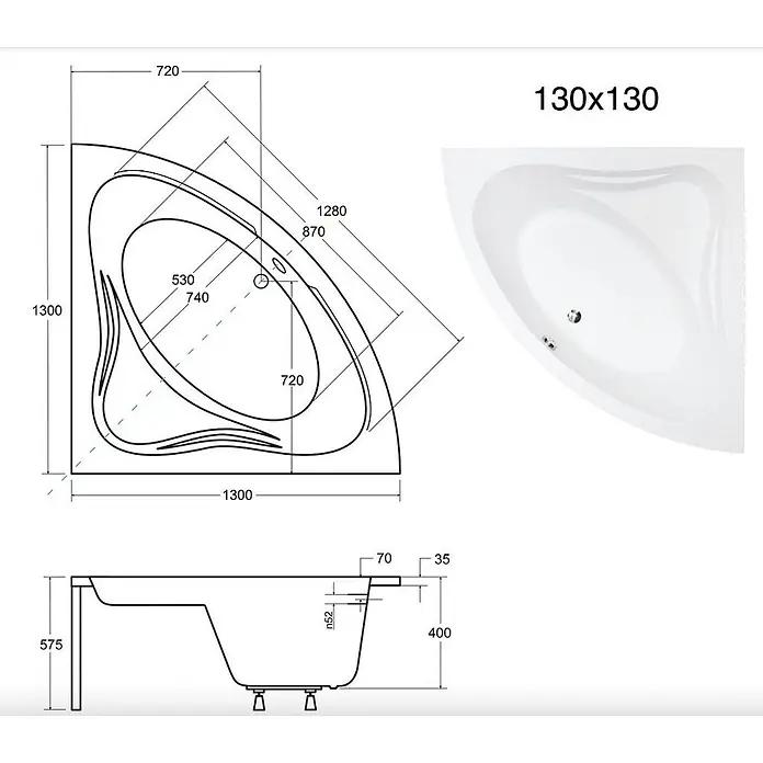 Bad Land Eckbadewanne MIA Acryl-Eckwanne 130 x 130 cm Weiß, inkl. Acrylschürze - Sanitäracryl, Weiß - Weiße Eckbadewanne, 130x130 cm, mit technischen Zeichnungen und Draufsicht.