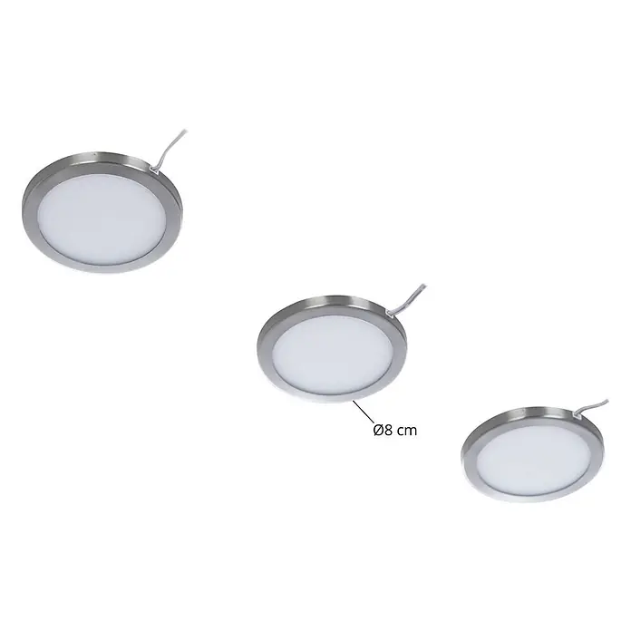 Prios LED-Unterbauleuchte Jopos - L x B x H: 8 x 8 x 0,7 cm - Drei 8 cm runde LED-Leuchten mit gebürstetem Silbergehäuse und weißen Diffusoren, für die Unterputzmontage.