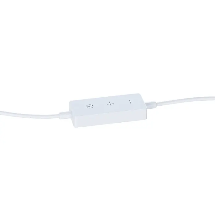 Prios LED-Unterbauleuchte Jopos - L x B x H: 8 x 8 x 0,7 cm - Weißer Inline-Controller mit An/Aus-, Plus- und Minustasten, über weiße Kabel verbunden.