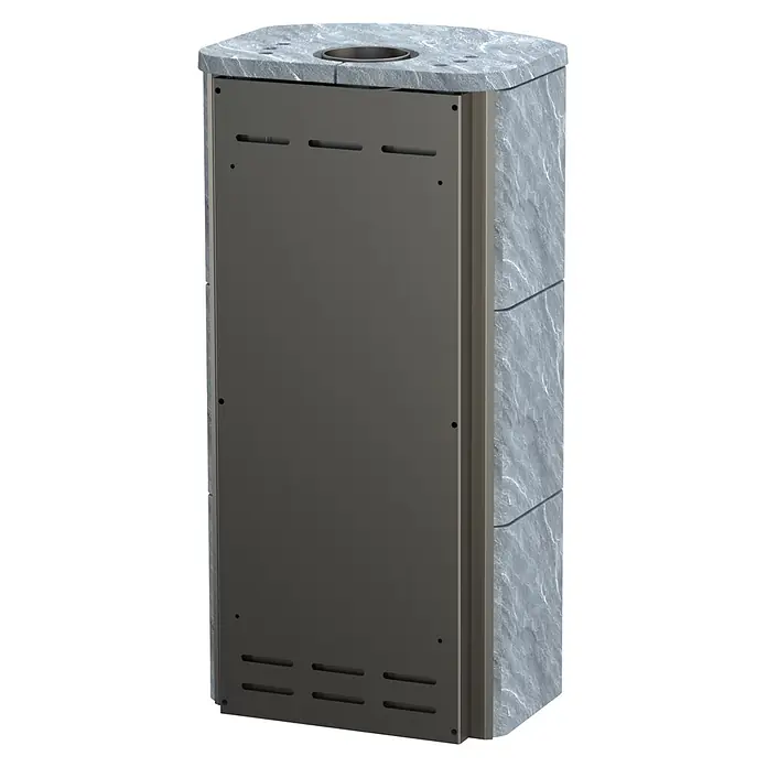 Kaminofen Prestige - 7 kW, Raumheizvermögen: 200 m³, Material Verkleidung: Speckstein - Hohes Heizgerät mit dunkelgrauer Metallfront, hellgrauer Steinverkleidung und Lüftungsschlitzen.