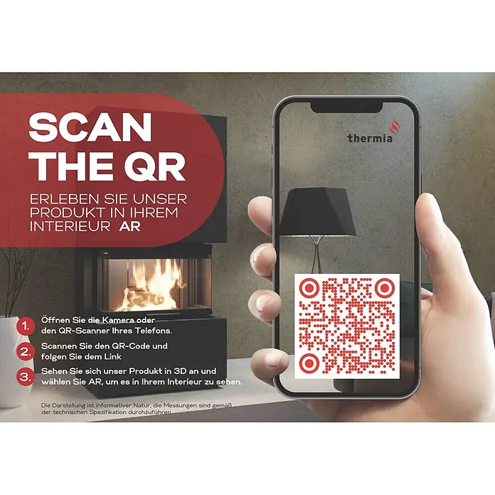 Kaminofen Prestige - 7 kW, Raumheizvermögen: 200 m³, Material Verkleidung: Stahl - Ein Smartphone zeigt einen QR-Code für thermia Produkte und eine AR-Ansicht einer Lampe in einem Raum neben einem Kamin.