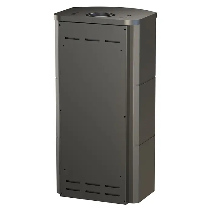 Kaminofen Prestige - 7 kW, Raumheizvermögen: 200 m³, Material Verkleidung: Stahl - Dunkelgraues rechteckiges Heizgerät mit Lüftungsschlitzen vorne und einer runden Öffnung oben.