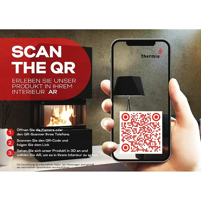 Kaminofen Xena Mini - 7 kW, Raumheizvermögen: 200 m³, Höhe: 115,5 cm - Hand hält Smartphone mit QR-Code für AR-Produkterlebnis, zeigt schwarze Lampe und Anweisungen.