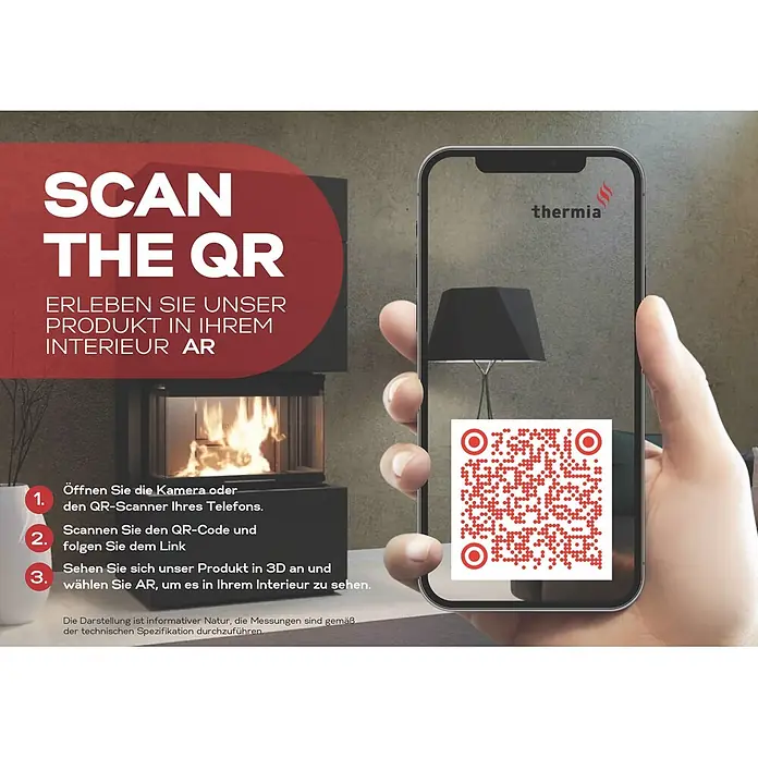 Kaminofen Prestige - 7 kW, Raumheizvermögen: 200 m³, Material Verkleidung: Speckstein - Smartphone zeigt QR-Code für ein AR-Erlebnis, um ein Produkt im Interieur anzusehen.