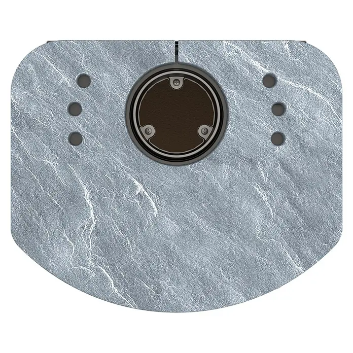 Kaminofen Prestige - 7 kW, Raumheizvermögen: 200 m³, Material Verkleidung: Speckstein - Hellgraue strukturierte Platte mit abgerundetem Boden, zentralem dunkelbraunen, verschraubten Rundinlay und jeweils drei dunkelgrauen Löchern.