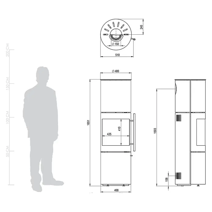 Kaminofen Xena - 7 kW, Raumheizvermögen: 200 m³, Höhe: 165 cm - Technische Zeichnung eines grauen Holzofens mit Maßen, daneben eine menschliche Silhouette zur Größenbestimmung.