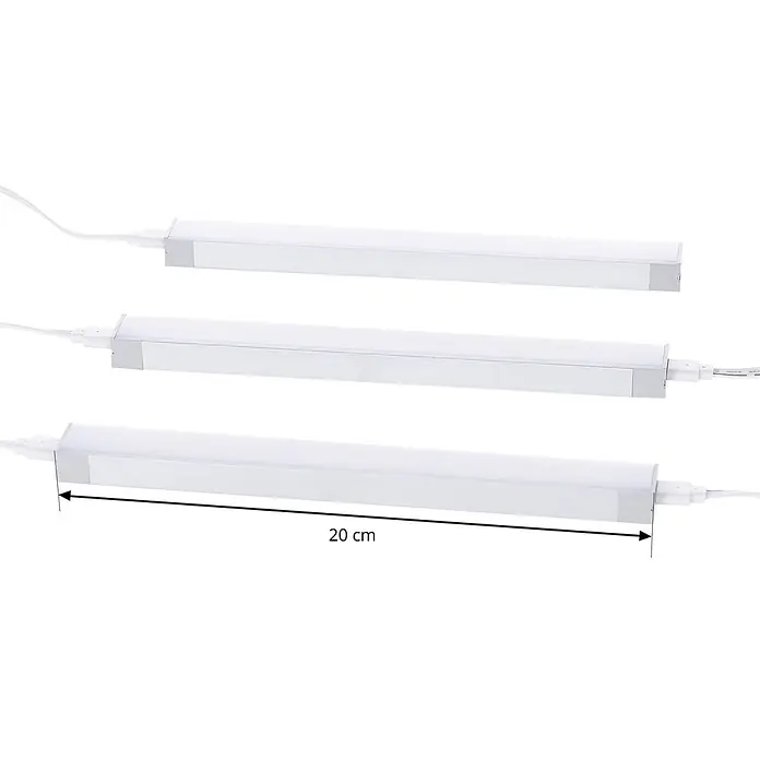 Prios LED-Unterbauleuchte Esbena - L x B x H: 20 x 2 x 1,2 cm - Drei weiße 20 cm LED-Lichtleisten mit Kabeln.