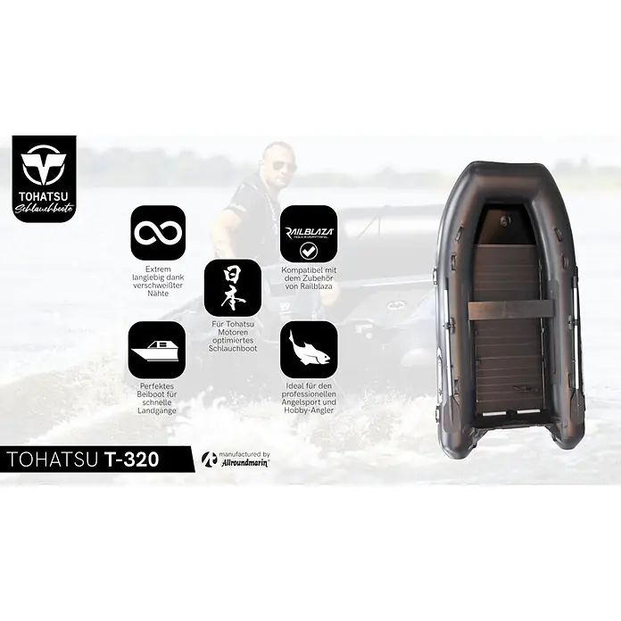 Tohatsu Schlauchboot Allroundmarin T320 - L x B: 325 x 169 cm, Geeignet für: Max. 4 Personen, Nutzlast: 750 kg - Ein schwarzes Tohatsu T-320 Schlauchboot auf dem Wasser, mit Detail-Icons.