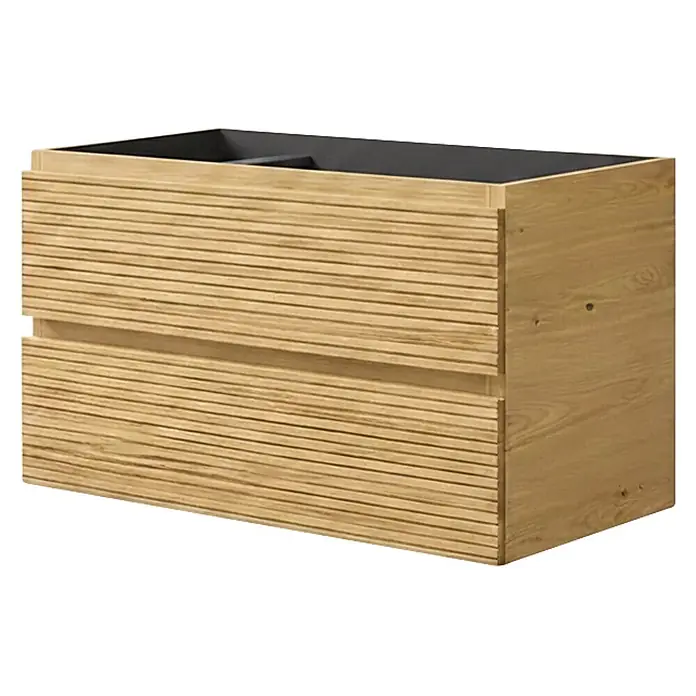 Conjunto de mueble de baño Naomi -  - Mueble de baño de madera clara con cajones de lamas y encimera oscura.