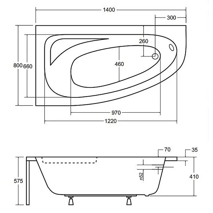 Bad Land Eckbadewanne CORNEA Acryl-Eckwanne 140 x 80 cm links Weiß - Sanitäracryl, Weiß - Technisches Diagramm einer asymmetrischen Badewanne, mit Ober- und Seitenansicht und detaillierten Maßen.