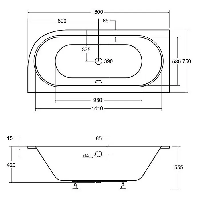 Bad Land Eckbadewanne AVITA SLIM Acryl-Eckwanne 160 x 75 cm links Weiß - L x B: 160 x 75 cm, Sanitäracryl, Weiß - Technische Zeichnung einer asymmetrischen weißen Badewanne mit Draufsicht und Seitenansicht samt Maßen.