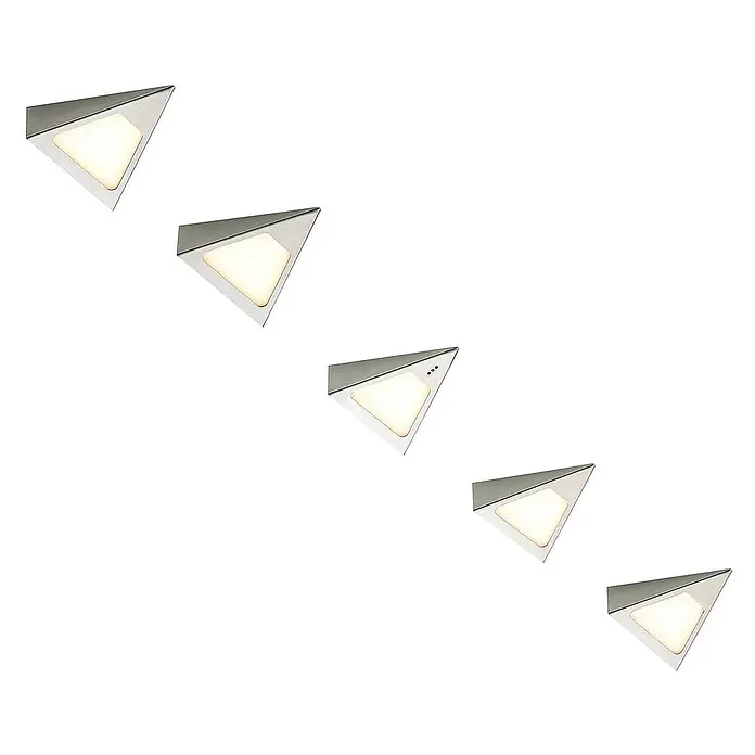 Prios LED-Unterbauleuchte Odia - L x B x H: 13,5 x 12,75 x 4 cm - Fünf dreieckige LED-Unterbauleuchten aus gebürstetem Metall mit warmweißer Beleuchtung, eine mit kleinen Kontrollpunkten.