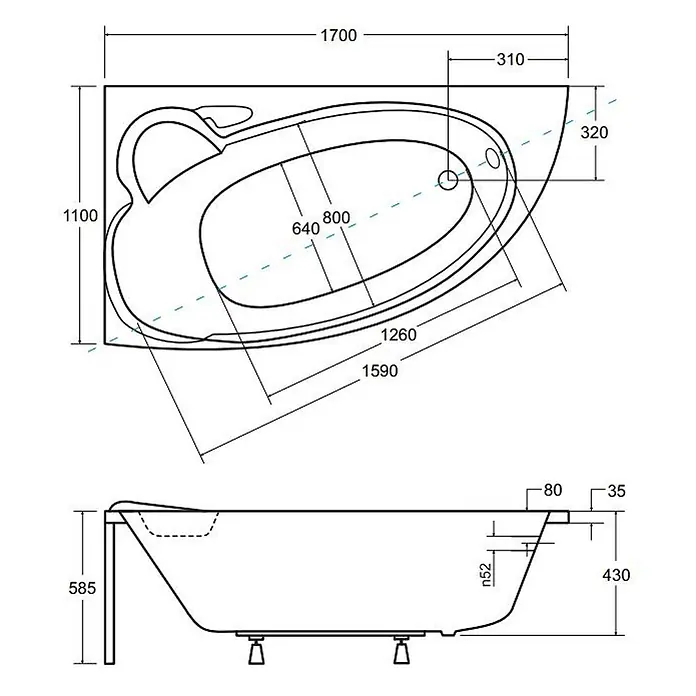 Bad Land Eckbadewanne FINEZJA Acryl-Eckwanne 170 x 110 cm links Weiß - Sanitäracryl, Weiß - Technische Zeichnung einer weißen asymmetrischen Eckbadewanne, Draufsicht und Seitenansicht mit detaillierten Maßen.