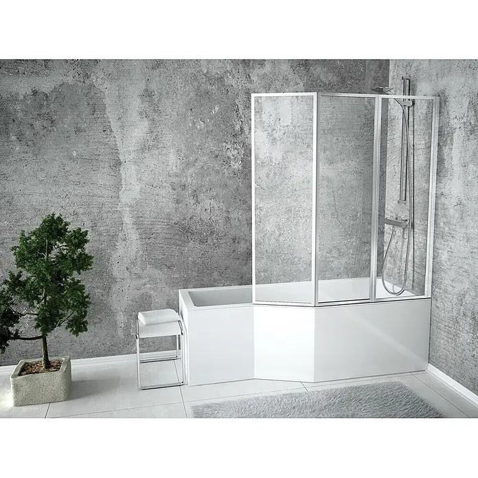 Bad Land Eckbadewanne INTEGRA Acryl-Eckwanne 150 x 75 cm rechts Weiß - L x B: 150 x 75 cm, Sanitäracryl, Weiß - Weiße Badewanne mit Glasduschwand und integrierter Dusche in einem modernen Badezimmer.