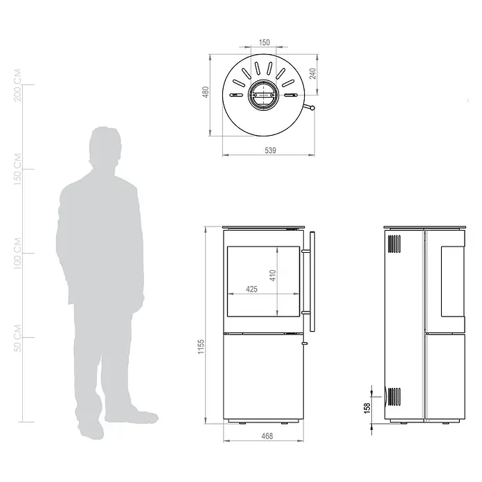 Kaminofen Xena Mini - 7 kW, Raumheizvermögen: 200 m³, Höhe: 115,5 cm - Technisches Diagramm eines modernen Holzofens mit Maßen (Höhe 1155mm, Breite 468mm) und einer menschlichen Figur zum Größenvergleich.