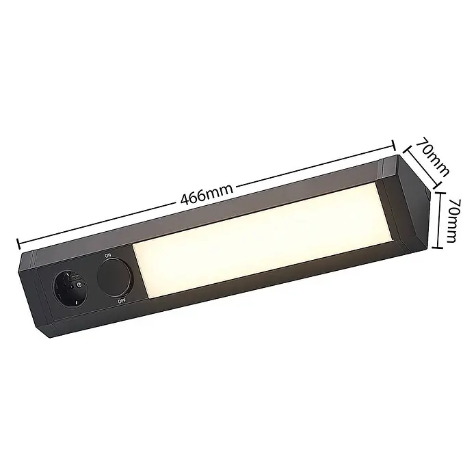 Arcchio LED-Unterbauleuchte Mitari - L x B x H: 46,6 x 7 x 7 cm - Dunkelgraue LED-Unterbauleuchte mit integrierter Steckdose, Ein-/Ausschalter und heller Lichtfläche. Maße: 466x70x70mm.