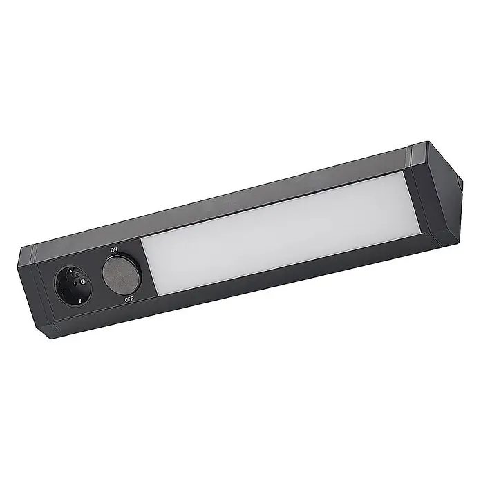 Arcchio LED-Unterbauleuchte Mitari - L x B x H: 46,6 x 7 x 7 cm - Dunkelgraue LED-Unterbauleuchte mit integrierter Steckdose und Dreh-Ein/Aus-Schalter.