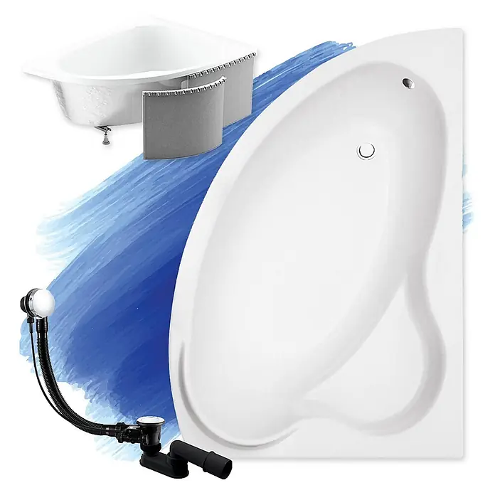 Bad Land Eckbadewanne - L x B: 140 x 90 cm, Sanitäracryl, Weiß - Zwei weiße Eckbadewannen und eine schwarze und verchromte Badewannenablaufgarnitur.