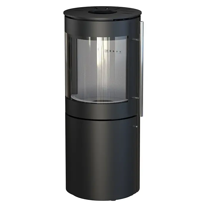 Kaminofen Xena Mini - 7 kW, Raumheizvermögen: 200 m³, Höhe: 115,5 cm - Schwarzer zylindrischer Holzofen mit Panoramaglastür und Metallgriff.