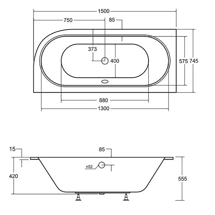 Bad Land Eckbadewanne AVITA SLIM Acryl-Eckwanne 150 x 75 cm links Weiß - L x B: 150 x 75 cm, Sanitäracryl, Weiß - Technische Zeichnung einer Badewanne mit Maßen, in Draufsicht und Seitenansicht.