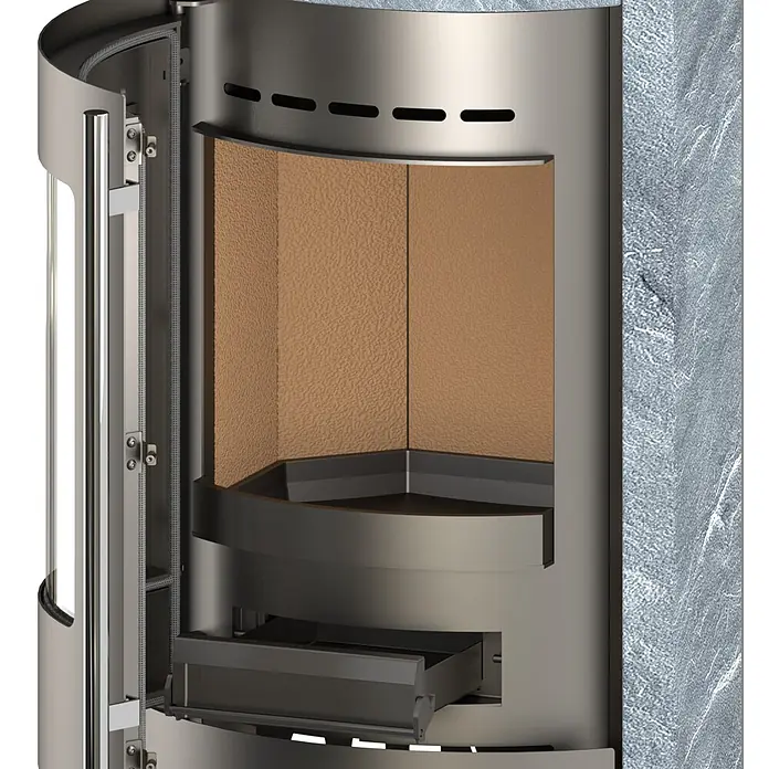 Kaminofen Ignis - 8 kW, Raumheizvermögen: 224 m³, Grau - Querschnitt eines modernen zylindrischen Kamins mit gebürsteter Metalloberfläche, zeigt helle Brennkammerauskleidung und Aschenschublade.