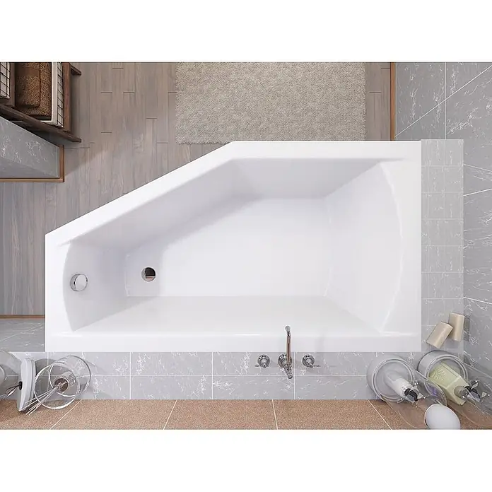 Bad Land Eckbadewanne - L x B: 150 x 90 cm, Sanitäracryl, Weiß - Weiße asymmetrische Eckbadewanne mit Ablauf und Überlauf, in einem gefliesten Bad installiert.