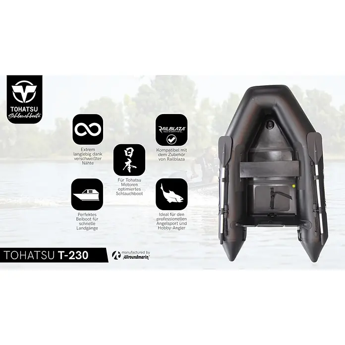 Tohatsu Schlauchboot Allroundmarin T230 - L x B: 235 x 142 cm, Geeignet für: 3 Personen, Nutzlast: 400 kg - Schwarzes Tohatsu T-230 Schlauchboot, von oben mit Paddeln gesehen, zum Angeln und für Motoren geeignet, auf dem Wasser schwimmend.
