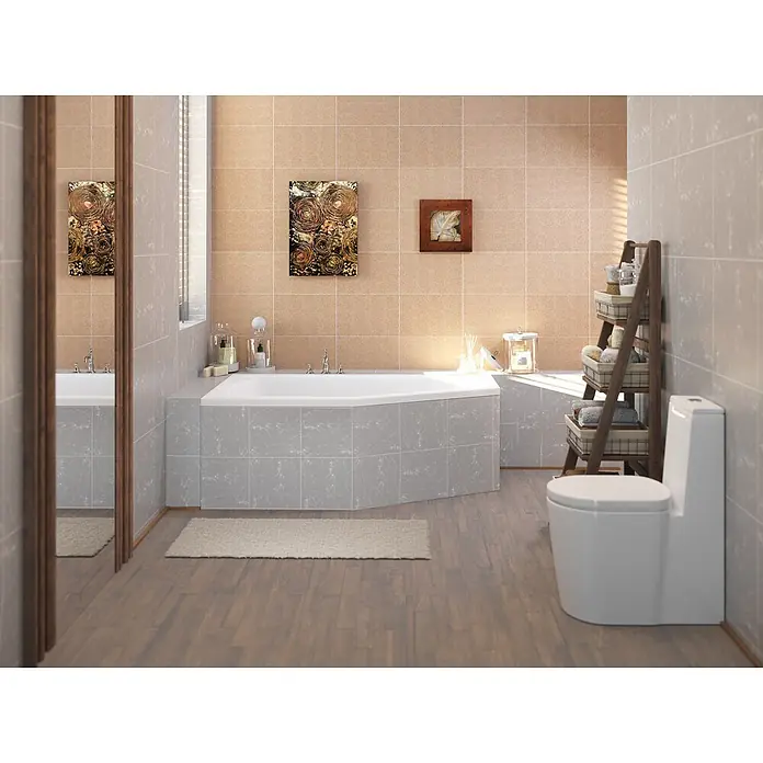 Bad Land Eckbadewanne - L x B: 150 x 90 cm, Sanitäracryl, Weiß - Ein modernes Badezimmer mit weißer Eckbadewanne mit grau gefliester Umrandung, einer weißen Toilette und Holzboden.