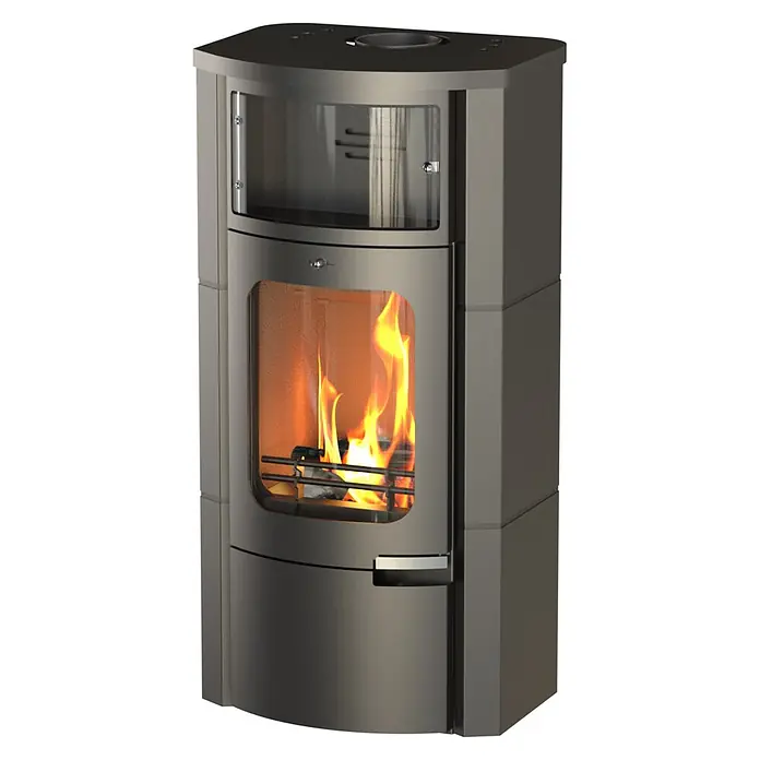 Kaminofen Prestige - 7 kW, Raumheizvermögen: 200 m³, Material Verkleidung: Stahl - Dunkelgrauer moderner Holzofen mit sichtbaren Flammen in der unteren Glastür und einer kleineren Glastür oben.