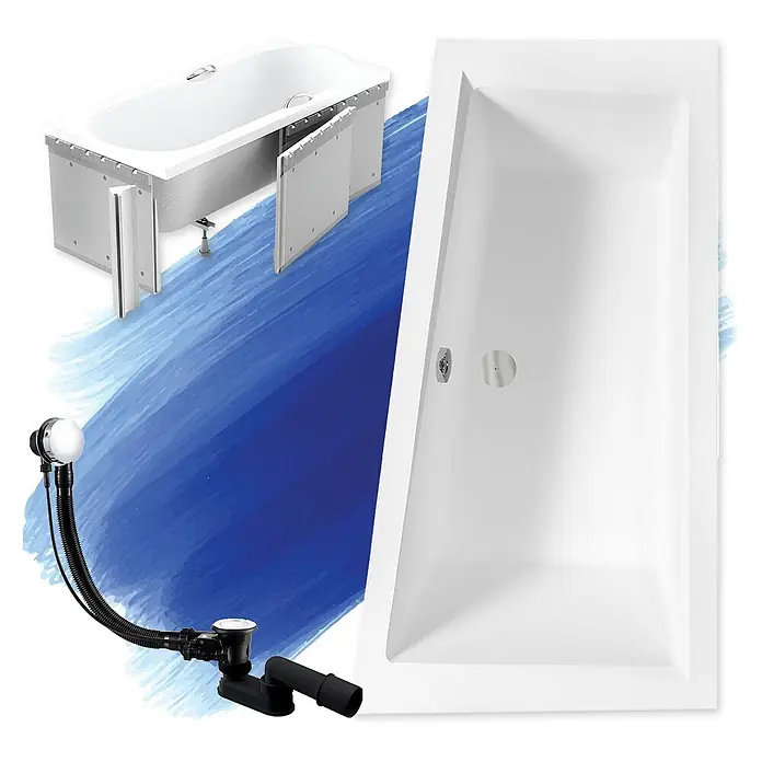 Bad Land Eckbadewanne - L x B: 160 x 90 cm, Sanitäracryl, Weiß - Zwei weiße, rechteckige Badewannen, eine mit sichtbarem Rahmen und Verkleidung, sowie eine schwarze Abflussgarnitur mit Chromüberlauf.