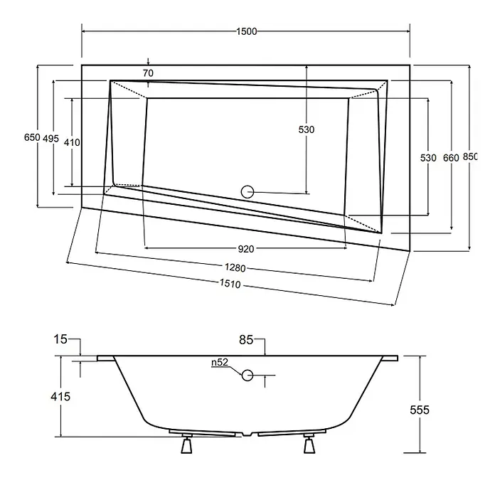 Bad Land Eckbadewanne INTIMA SLIM Acryl-Eckwanne 150 x 85 cm links Weiß - L x B: 150 x 85 cm, Sanitäracryl, Weiß - Technische Zeichnung einer Badewanne mit detaillierten Maßen, gezeigt von der Ober- und Seitenansicht.