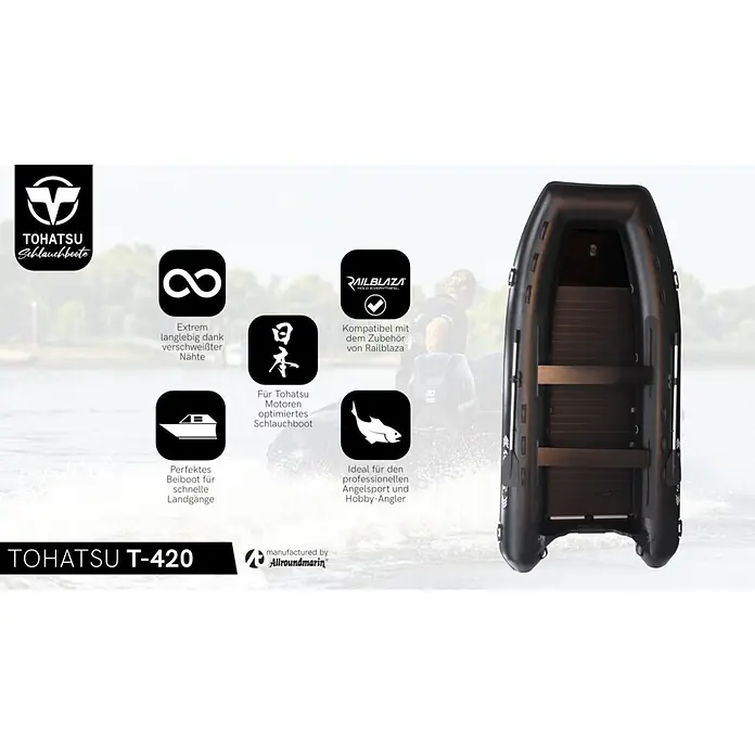 Tohatsu Schlauchboot Allroundmarin T420 - L x B: 418 x 200 cm, Geeignet für: 7 Personen, Nutzlast: 1.000 kg - Schwarzes Tohatsu T-420 Schlauchboot mit Lattenboden, konzipiert für Wasseraktivitäten.