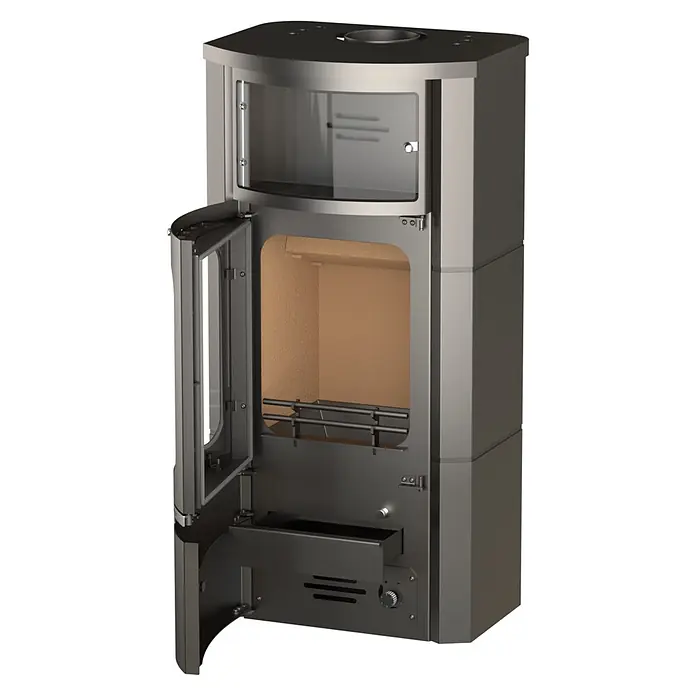 Kaminofen Prestige - 7 kW, Raumheizvermögen: 200 m³, Material Verkleidung: Stahl - Moderner dunkelgrauer Holzofen mit offener Glastür, beigefarbenem Brennraum und Aschelade.