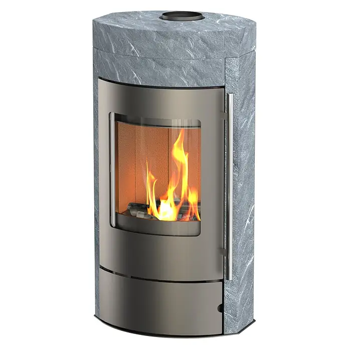 Kaminofen Ignis - 8 kW, Raumheizvermögen: 224 m³, Grau - Grauer Steinholzofen mit Metallfront und Glastür, der brennende Flammen zeigt.