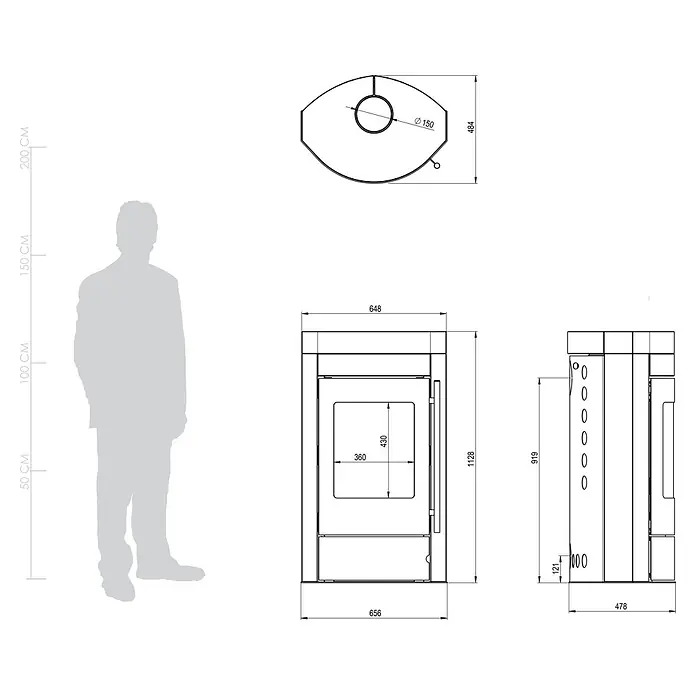 Kaminofen Ignis - 8 kW, Raumheizvermögen: 224 m³, Grau - Technische Zeichnung eines freistehenden Holzofens mit detaillierten Maßen, Fronttür, Seitentür und oberem Rauchrohranschluss.