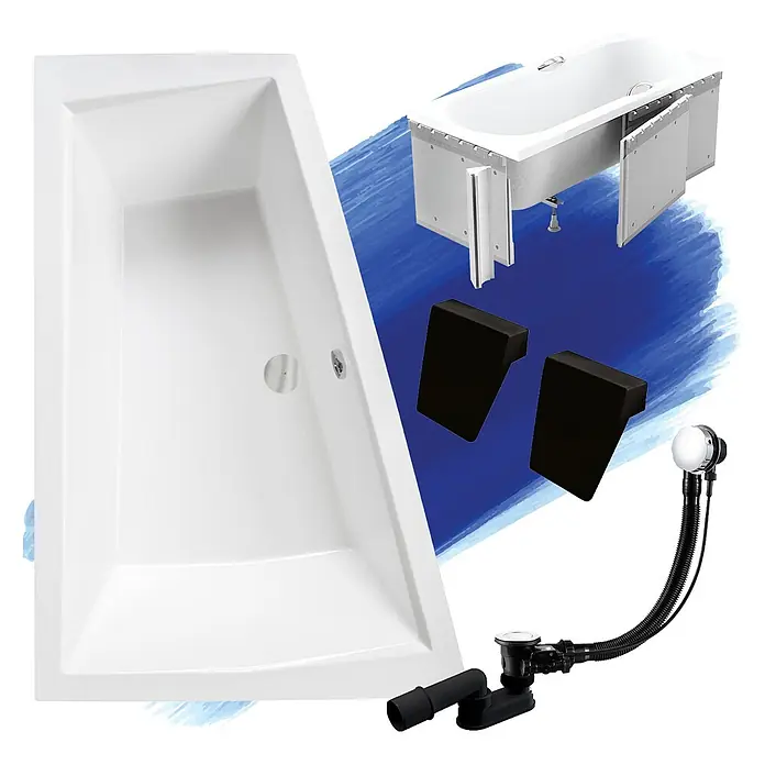 Bad Land Eckbadewanne - L x B: 170 x 125 cm, Sanitäracryl, Weiß - Weiße rechteckige Badewanne mit Abflusssystem, Installationsrahmen und zwei schwarzen Stützen.