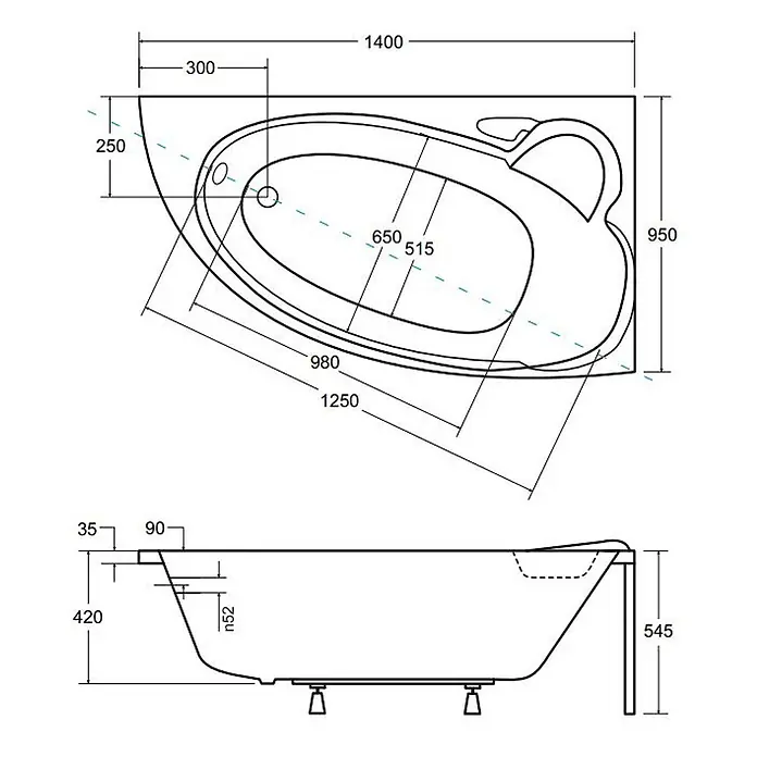 Bad Land Eckbadewanne FINEZJA Acryl-Eckwanne 140 x 95 cm rechts Weiß - L x B: 140 x 95 cm, Sanitäracryl, Weiß - Technisches Datenblatt einer Badewanne, Aufsicht und Seitenansicht mit Maßen.