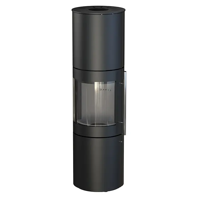 Kaminofen Xena - 7 kW, Raumheizvermögen: 200 m³, Höhe: 165 cm - Dunkelgrauer zylindrischer Kaminofen mit großer gewölbter Glastür.